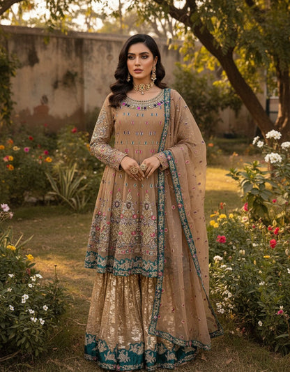 Chiffon Frock with Gharara & Organza Embroidered Dupatta