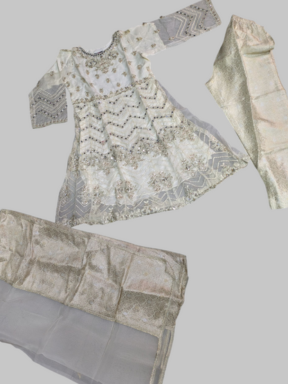 Organza Short Frock with Trouser & Chiffon Dupatta