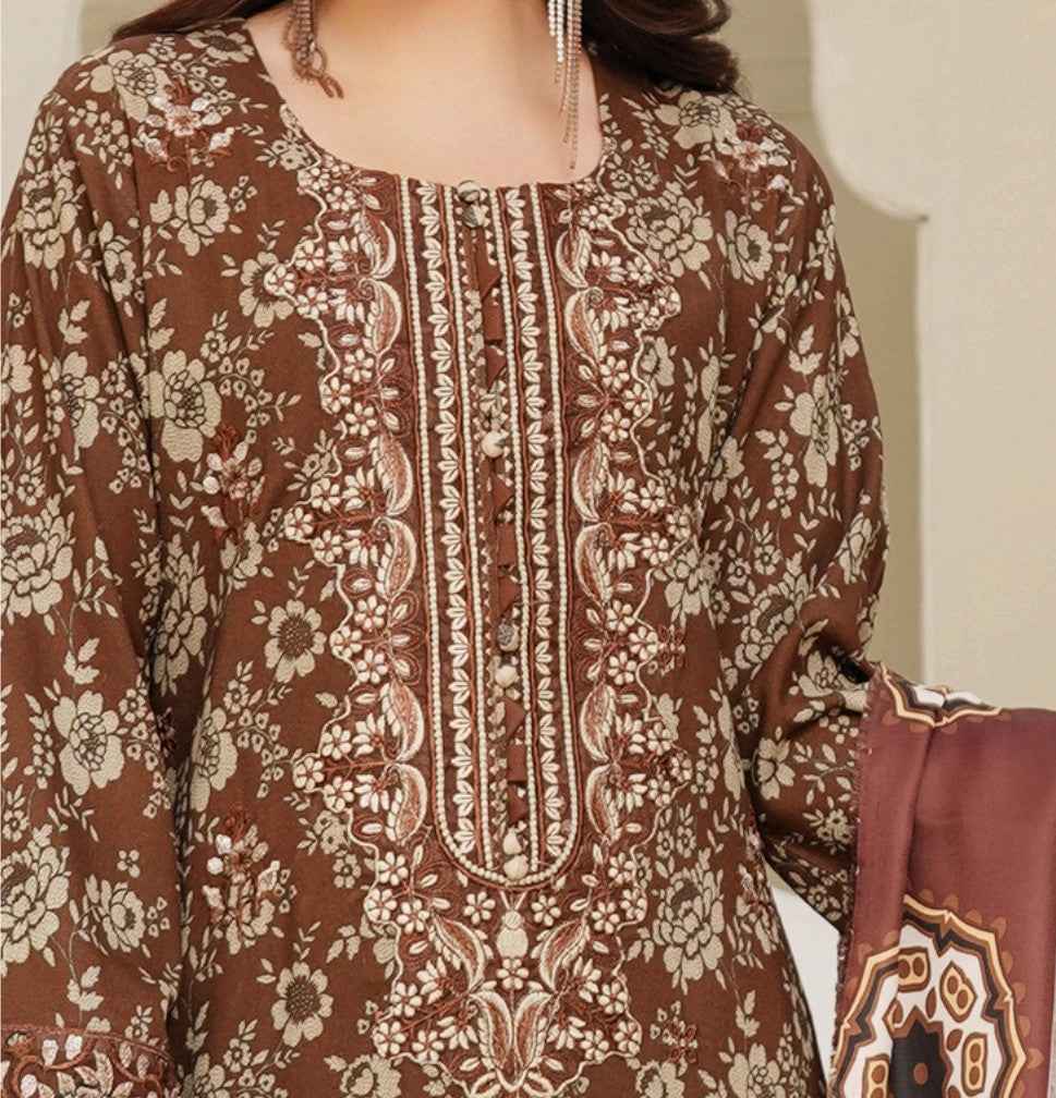 Dhanak Print Fabric Suit | Patch & Boring Work with Printed Shawl – Winter Collection