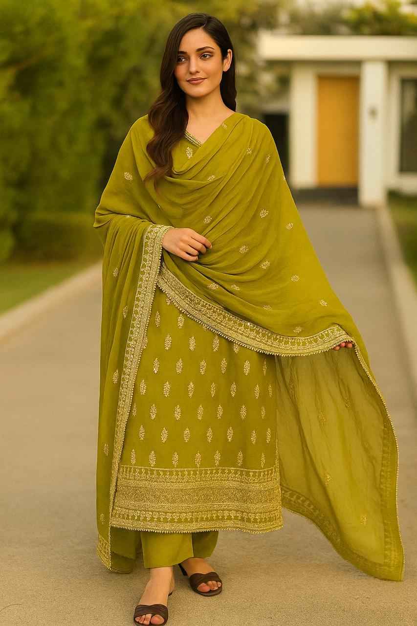 Elegant Chiffon Ensemble | Handmade Long Shirt, Trouser & Embroidered Dupatta