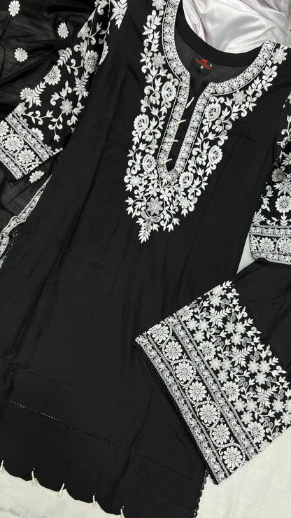 Viscose Embroidered Suit | Stylish Plazo Set with Organza Dupatta & Cutwork Border