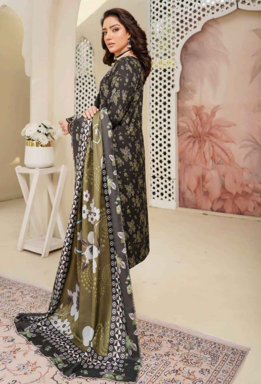 Dhanak Print Fabric Suit | Patch & Boring Work with Printed Shawl – Winter Collection