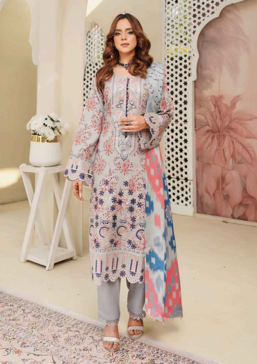 Dhanak Print Fabric Suit | Patch & Boring Work with Printed Shawl – Winter Collection