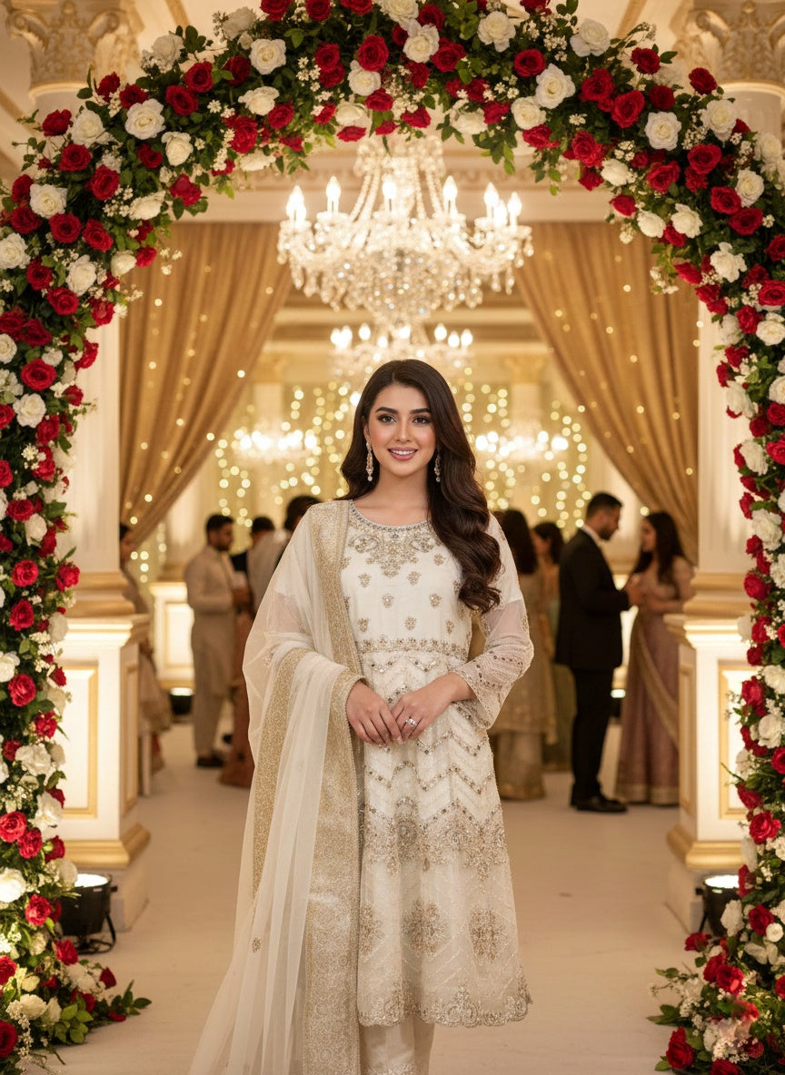 Organza Short Frock with Trouser & Chiffon Dupatta