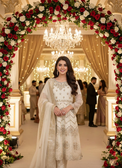 Organza Short Frock with Trouser & Chiffon Dupatta