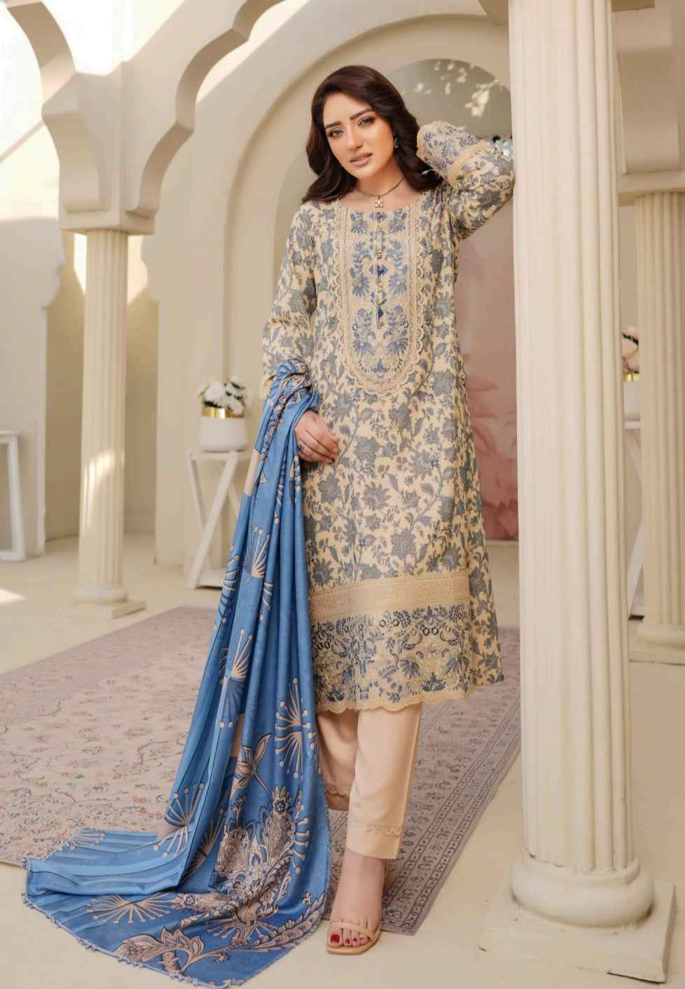 Dhanak Print Fabric Suit | Patch & Boring Work with Printed Shawl – Winter Collection