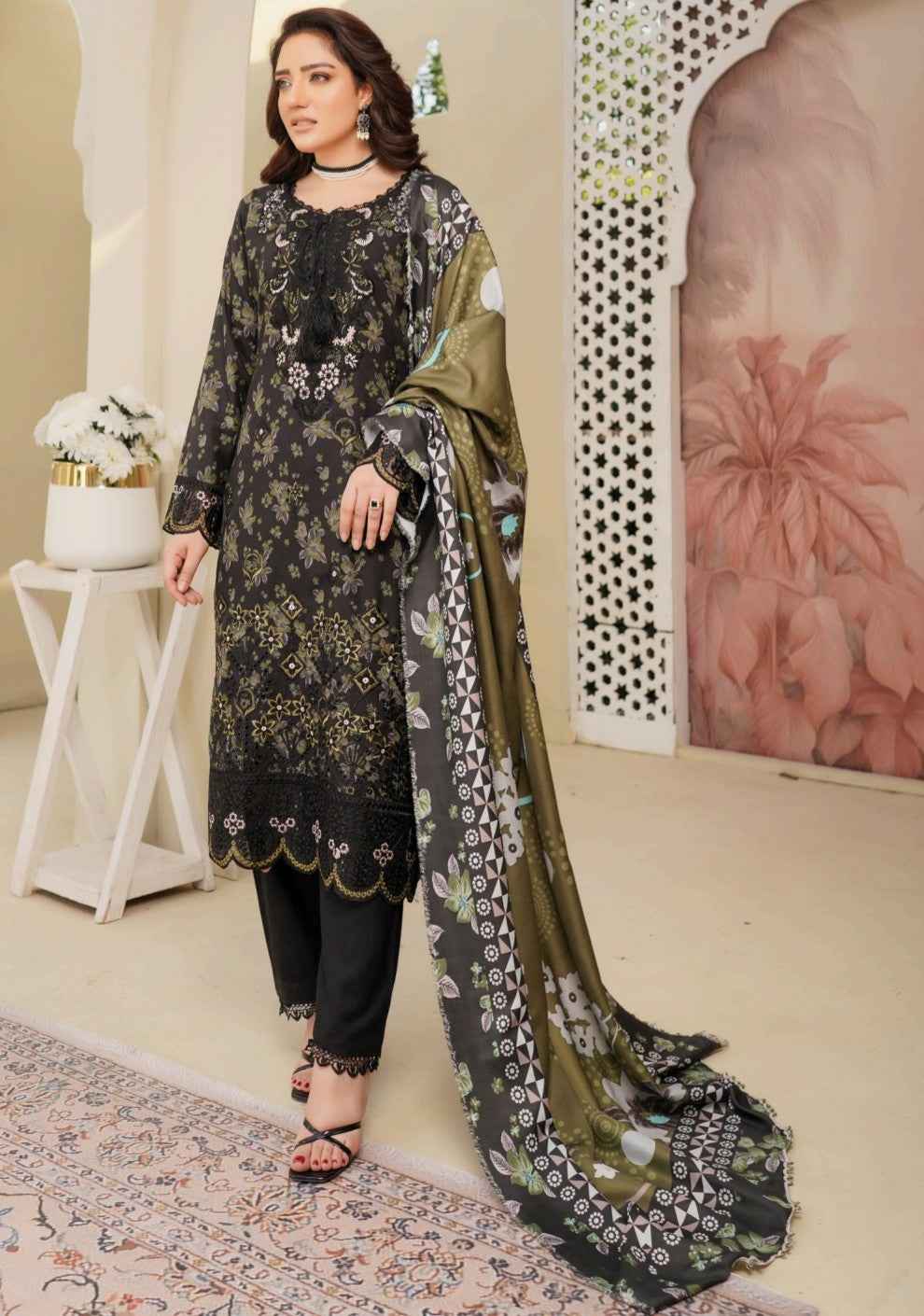 Dhanak Print Fabric Suit | Patch & Boring Work with Printed Shawl – Winter Collection