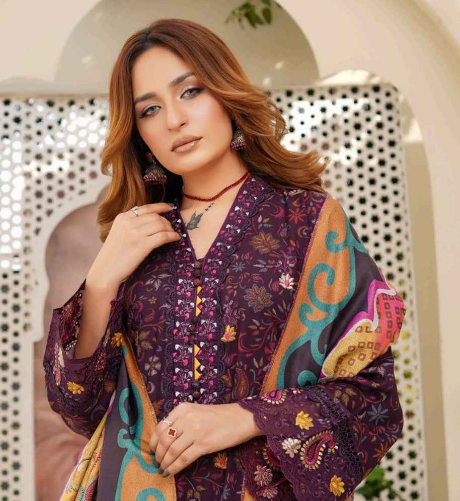 Dhanak Print Fabric Suit | Patch & Boring Work with Printed Shawl – Winter Collection