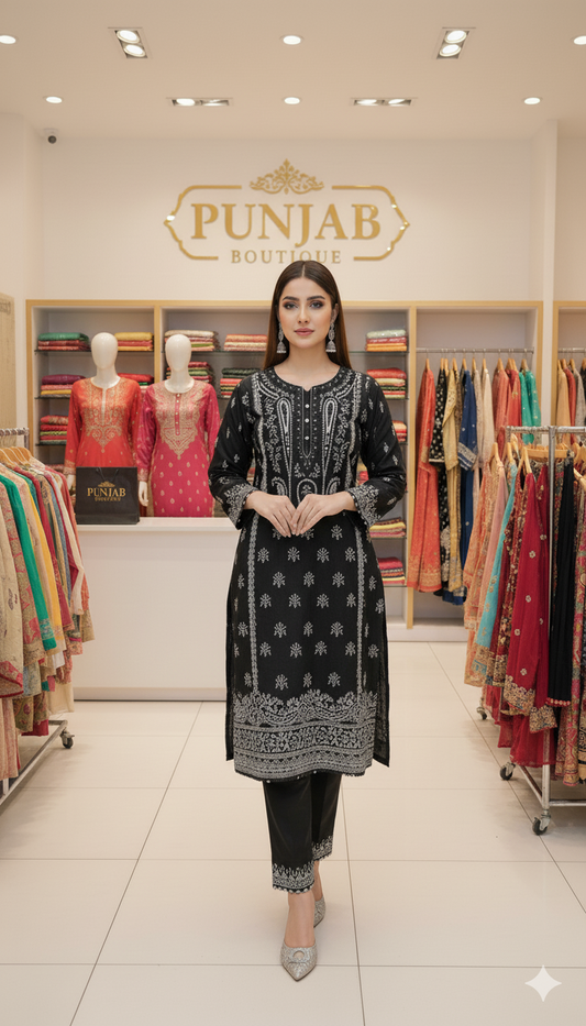 Heavy Embroidered Suit | Embroidered Shirt & Palazzo with Digital Print Dupatta and Cutwork Border