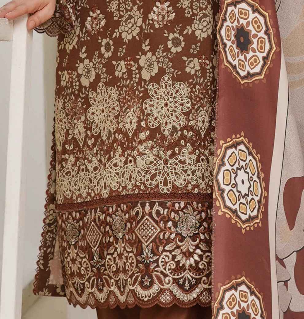 Dhanak Print Fabric Suit | Patch & Boring Work with Printed Shawl – Winter Collection