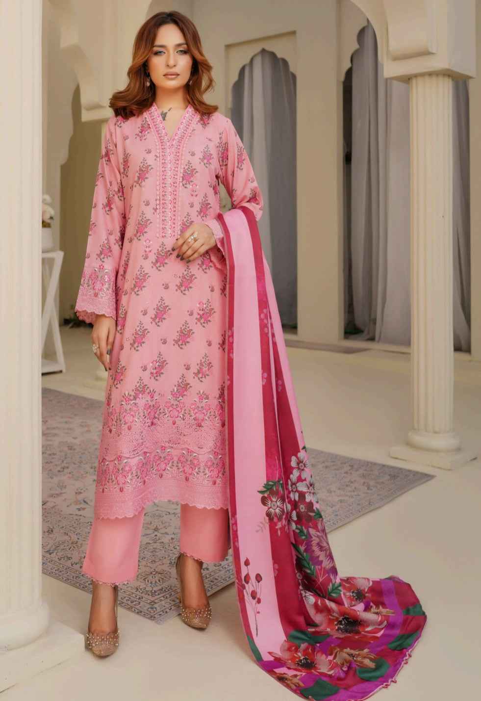 Dhanak Print Fabric Suit | Patch & Boring Work with Printed Shawl – Winter Collection